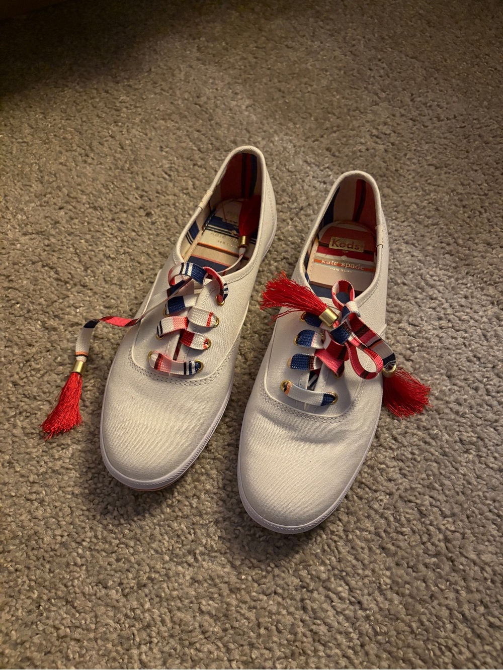 Keds x Kate Spade White Canvas Sneakers with Red & Blue Tassel Laces